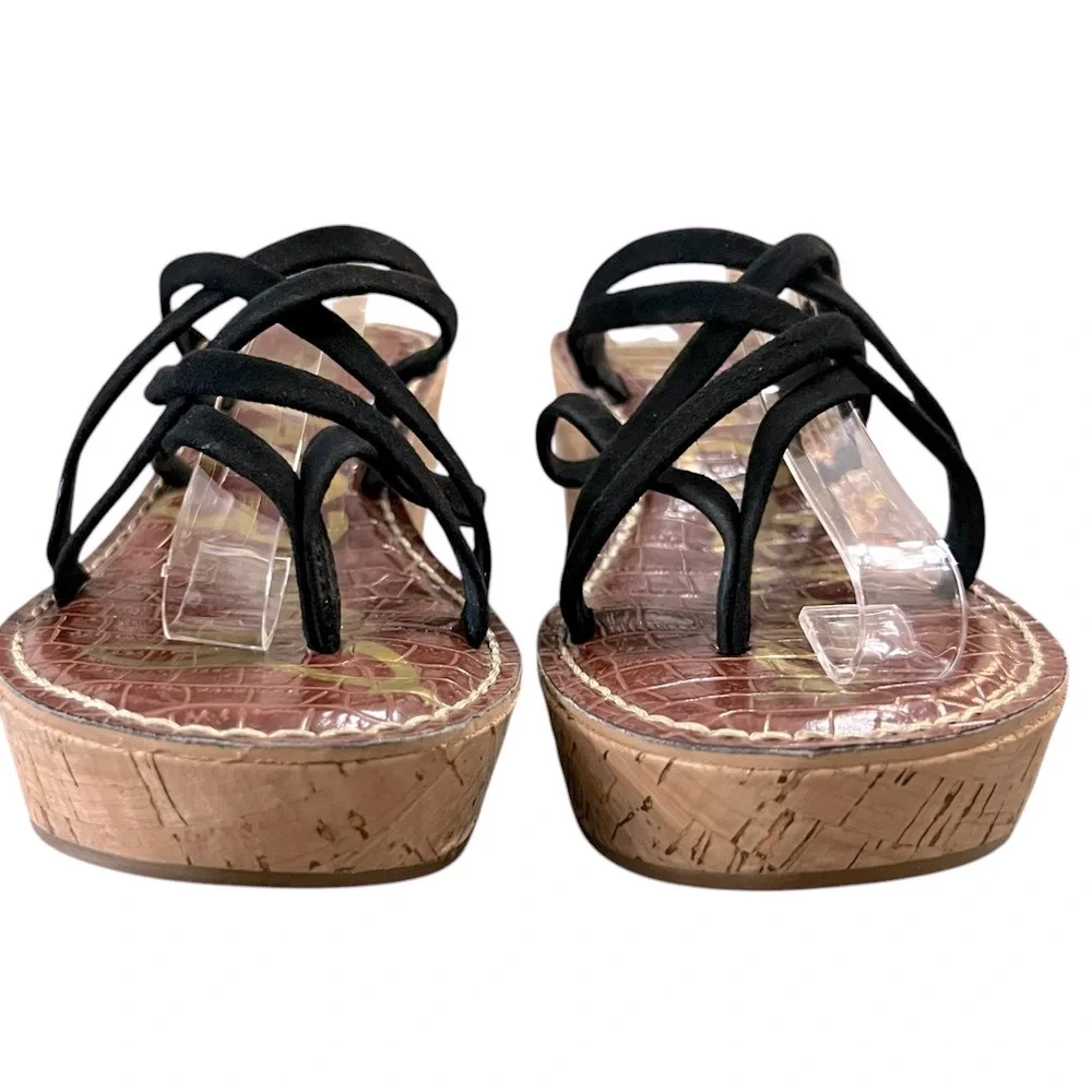 Sam Edelman Reana 3D Black Strappy Leather Cork Wedge Sandals Size 8.5
